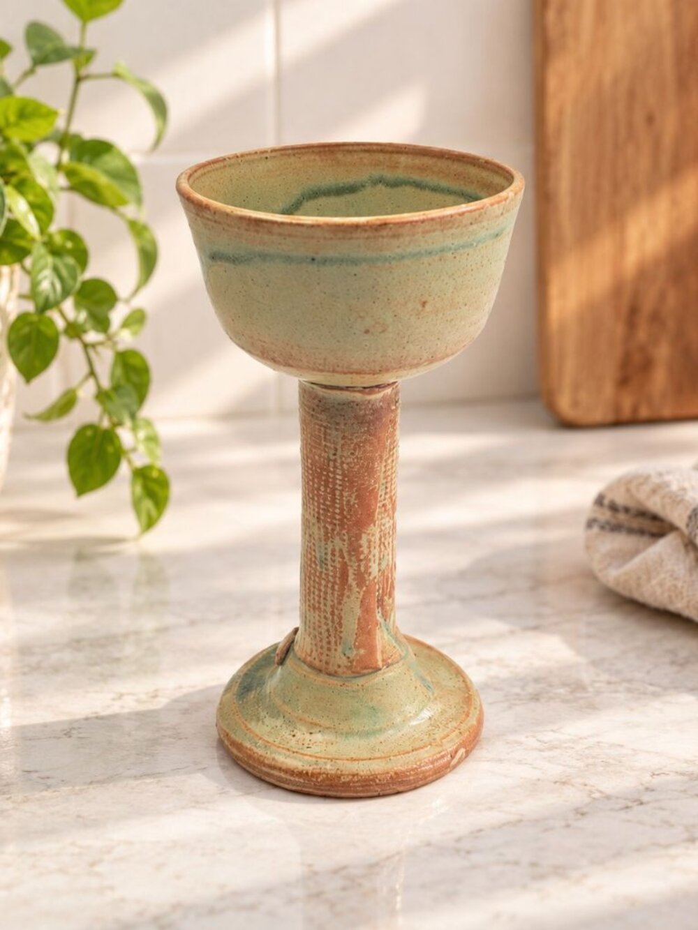 Handcrafted Vintage Pottery Chalice Signed By Beverly Multicolor Glaze With Text